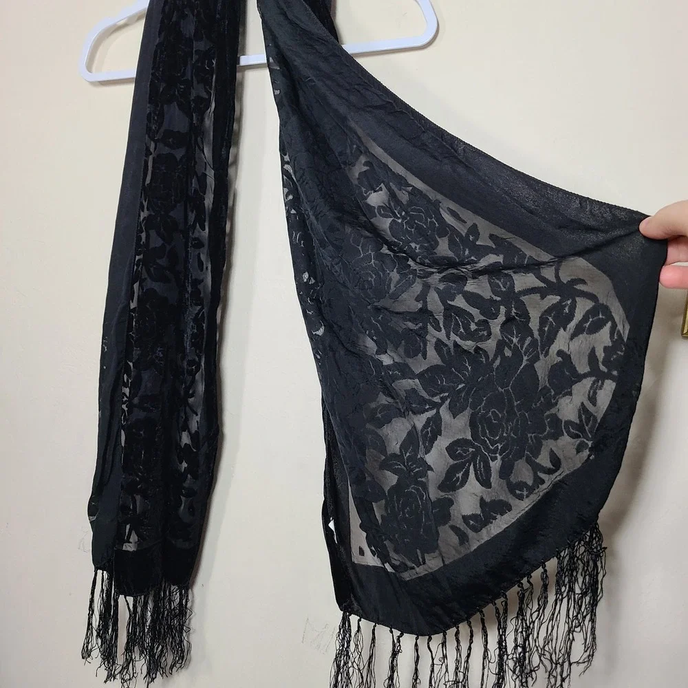Black‎ Floral Velvet Burnout Scarf Fringe Winter Whimsigoth Fairy Grunge Goth